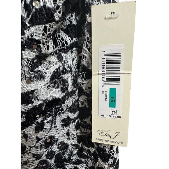 Eliza J Lace Appliqué Dress Sequin Accent Sheath Black White‎ Sz 16 NEW Cocktail - Picture 5 of 11